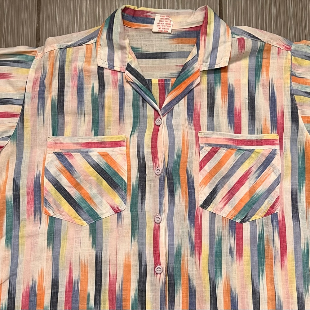 Vintage 1970s Collared Cotton Shirt button down large lightweight summer pattern - Picture 7 of 14